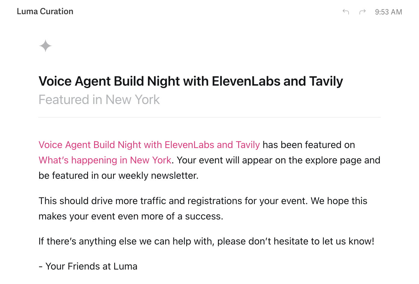 Email from Luma Curation announcing that a Bond-featured event has been added to the city calendar